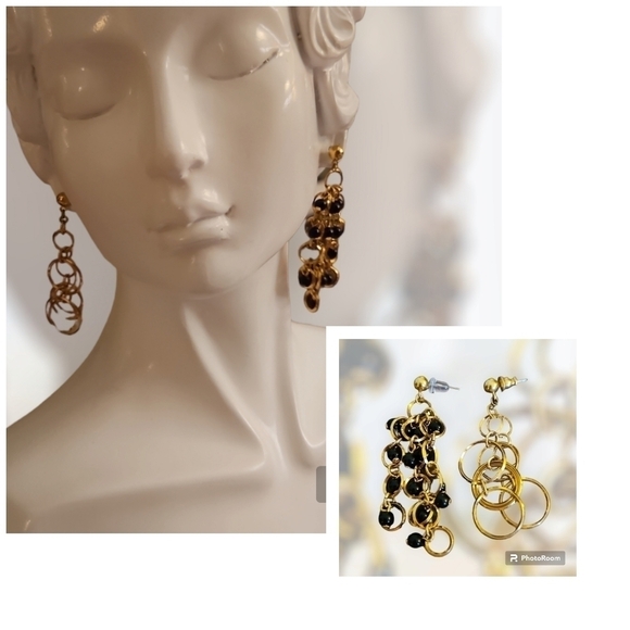 3/$30 Mismatched Circles Black Beaded Dangle Post Whimsy Nebula Earrings - Picture 1 of 3